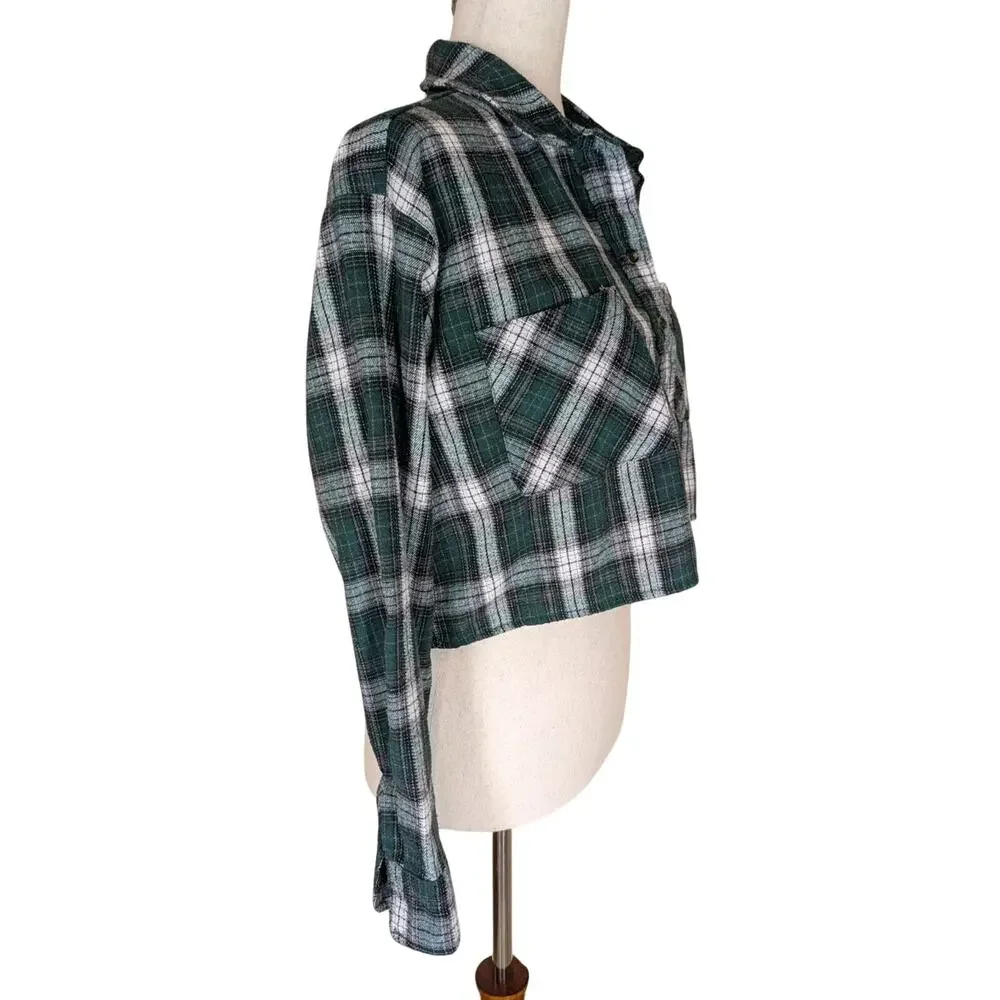 Hyfve Womens Button Up Long Sleeve Jacket Cropped Size Small Flannel Plaid Green